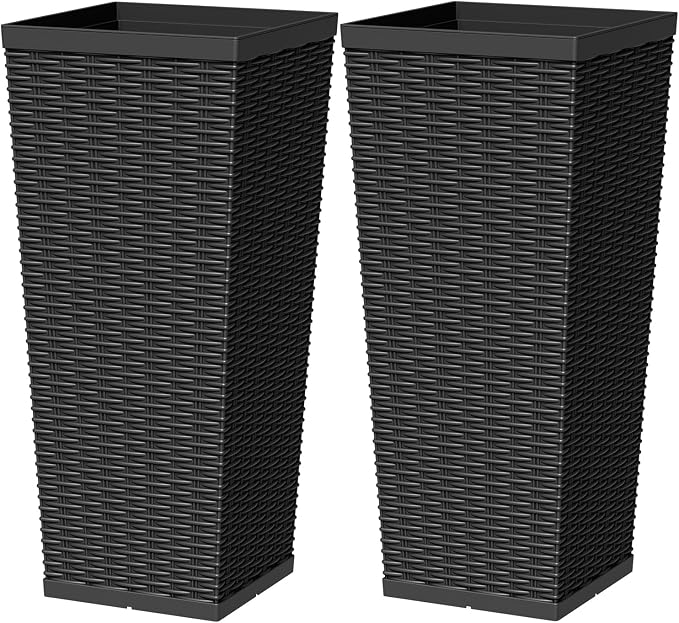 Greesum 30 Inch Tall Plastic Planters with Rattan Texture – Set of 2, Detachable Inner Pot & Drainage Holes, Indoor/Outdoor Decorative Flower Pots for Large Plants, Trees, Patio, and Garden, Black