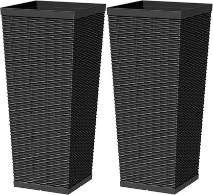 Greesum 30 Inch Tall Plastic Planters with Rattan Texture – Set of 2, Detachable Inner Pot & Drainage Holes, Indoor/Outdoor Decorative Flower Pots for Large Plants, Trees, Patio, and Garden, Black