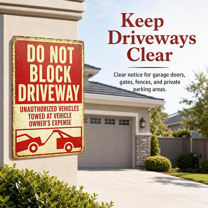 Do Not Block Driveway Tin Sign, 12 x 8 Inch Unauthorized Vehicles Aluminum Metal Wall Decor, Vintage Towing-Style Notice for Garage, Gate, Fence