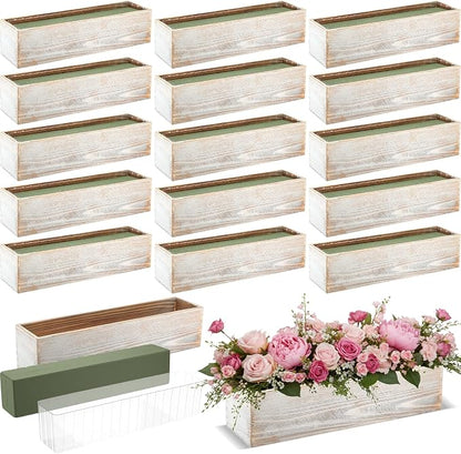 Sintuff 16 Set Rectangle Wooden Planters, 17 x 4 Inch Wood Boxes with Removable Plastic Liner & Floral Foam Blocks, Rustic Wood Planter for DIY Centerpieces Home Wedding Garden Bookshelf Decor
