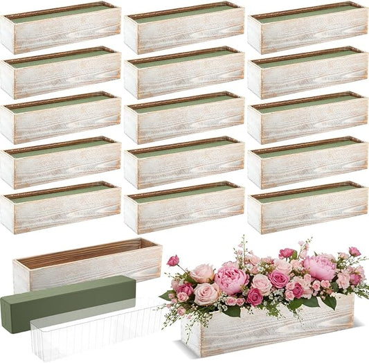 Sintuff 16 Set Rectangle Wooden Planters, 17 x 4 Inch Wood Boxes with Removable Plastic Liner & Floral Foam Blocks, Rustic Wood Planter for DIY Centerpieces Home Wedding Garden Bookshelf Decor