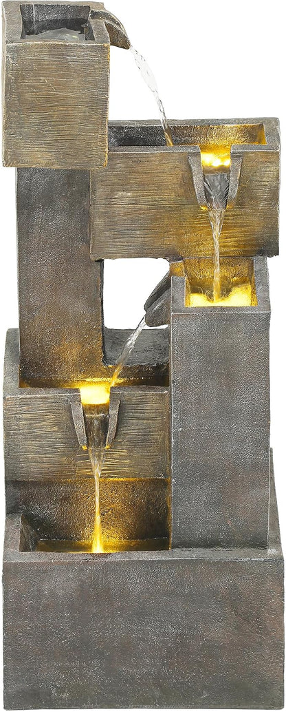 AUTODAYA 32.5" 5-Tier Stacked Blocks Fountains LED Cascading Waterfall | outdoor modern concrete texture, garden patio deck backyard,Porch or Home Décor