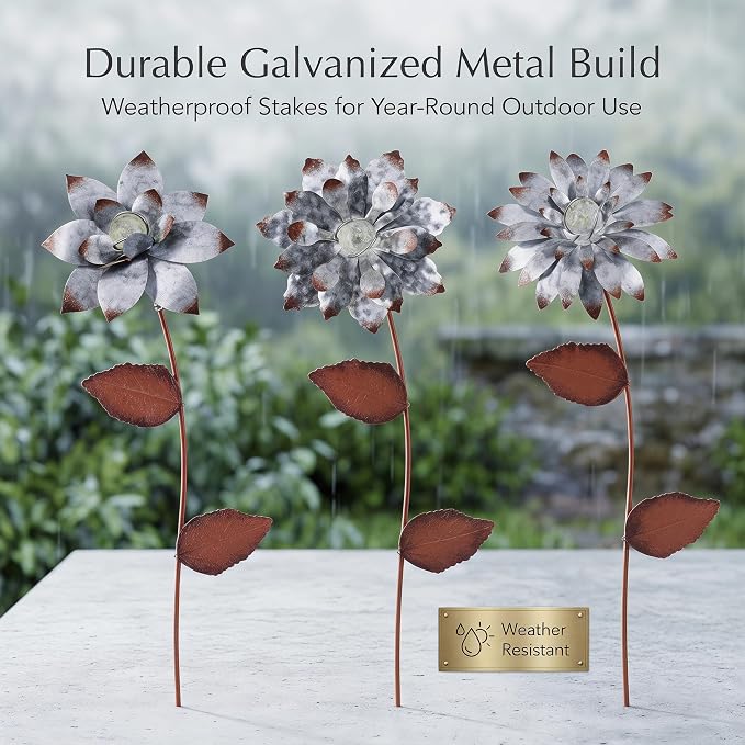 Glow in The Dark Flower Garden Stakes, 3 Pack Colorful Luminous Metal Yard Decor, 14 Inch Outdoor Night Glow Floral Stakes for Lawn, Patio, Flower Beds & Planters