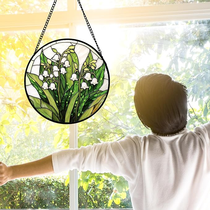 DASTOLL Stained Glass Window Hanging, Lily of the Valley Flower Sun Catchers Colorful Glass Panel Green Plants Suncatcher Decor for Birthday for Women,Men,Wife, Lovers, and Mom 7.8 in