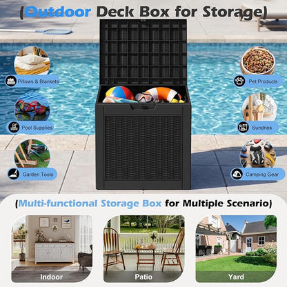Outdoor Storage Box, 30 Gallon Resin Deck Boxes Outdoor Waterproof For Patio Furniture, Garden Tools, Pool Supplies, Lockable And UV Resistant (Rattan Black)