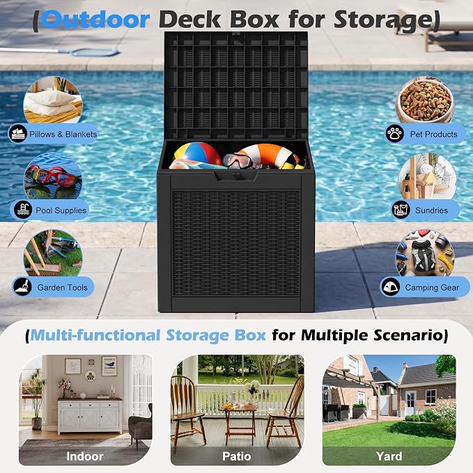 Outdoor Storage Box, 32 Gallon Resin Deck Boxes Outdoor Waterproof For Patio Furniture, Garden Tools, Pool Supplies, Lockable And UV Resistant (a Set of 2,Rattan Black)