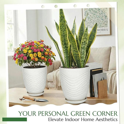 9.5 Inch Flower Pots for Indoor Plants,Ceramic Planter with Saucer Drainage Leak-Proof Mesh Gardening Gloves (Water-Ripple White)