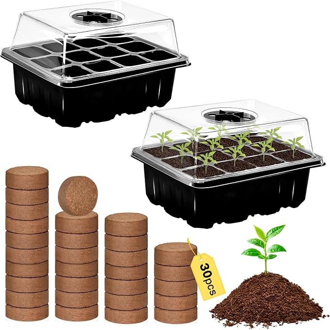ZeeDix 2 Set Seed Starter Tray Kits with Soil, 2 Pack Seed Trays with 30 Pack Coco Coir Pellets, Adjustable Humidity Germination Tray with Dome Lids for Indoor Plants, Greenhouse for Vegetables Garden