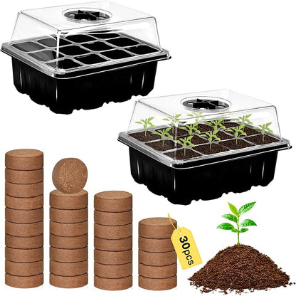 ZeeDix 2 Set Seed Starter Tray Kits with Soil, 2 Pack Seed Trays with 30 Pack Coco Coir Pellets, Adjustable Humidity Germination Tray with Dome Lids for Indoor Plants, Greenhouse for Vegetables Garden