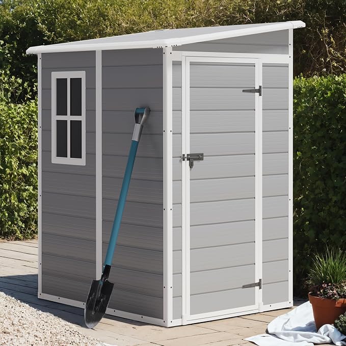 Greesum 5x4FT Plastic Outdoor Storage Shed, Resin Shed with Floor and Window, Tool Sheds with Lockable Door and Vent, for Garden, Garage, Lawn, Backyard, Light Gray
