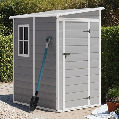 Greesum 5x4FT Plastic Outdoor Storage Shed, Resin Shed with Floor and Window, Tool Sheds with Lockable Door and Vent, for Garden, Garage, Lawn, Backyard, Light Gray