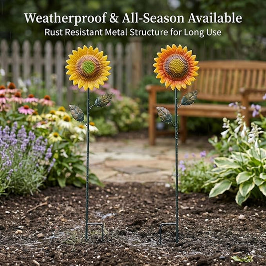 Topadorn Garden Decor for Outside, 2 Pack 39" Metal Sunflower Garden Stakes, Outdoor Yard Art Flower Stakes for Lawn, Patio & Flower Beds