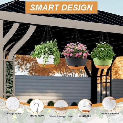 KPUVX 10 inch Hanging Planters Self Watering Pots for Indoor Plants, 3 Pack Plastic Hanging Basket with Removable Tray for Home Garden Porch Balcony Patio Decor (White)