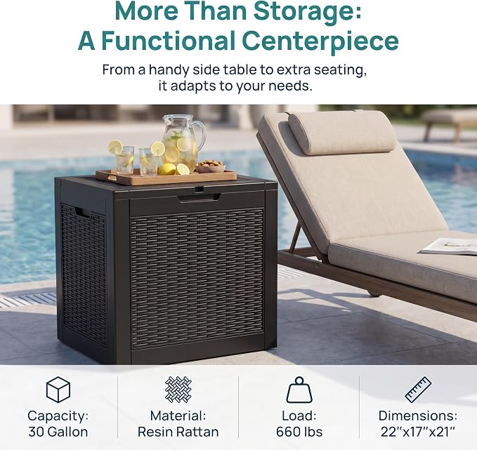 NicBex 30 Gallon Deck Box, Waterproof Resin Rattan Outdoor Storage Box Lockable for Patio Furniture, Fade Resistant Patio Side Table & Organizer for Garden Tools, Pool Floats, Outdoor Cushions, Black