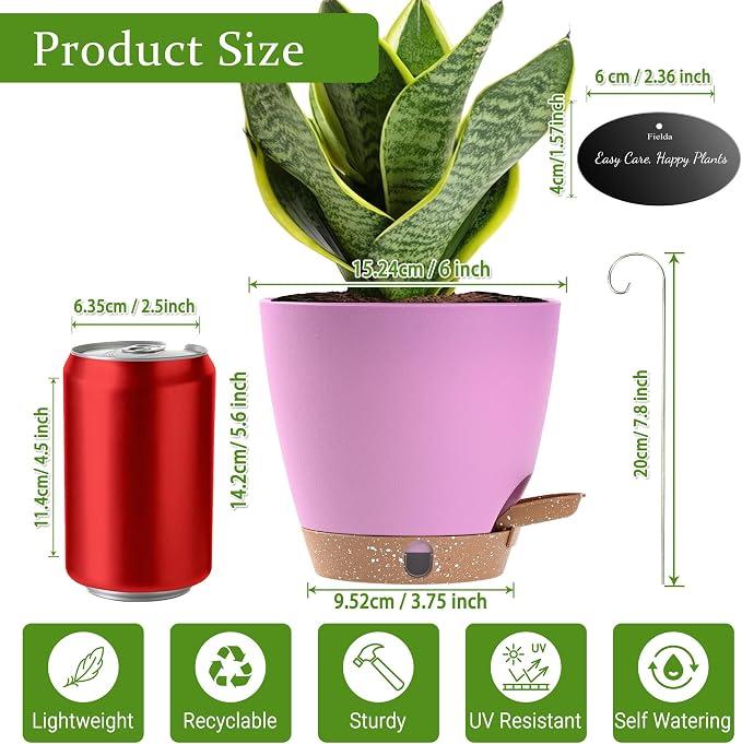 6 Inch Self Watering Pots for Indoor Plants(5-Pack) – Small Plastic Planters with Water Level Window, Drainage Holes & Trays, Indoor Outdoor Flower Pots for Herbs, Snake,Pothos (Dusty Lavender)