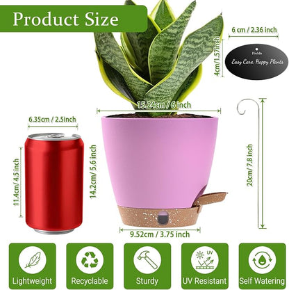 6 Inch Self Watering Pots for Indoor Plants(5-Pack) – Small Plastic Planters with Water Level Window, Drainage Holes & Trays, Indoor Outdoor Flower Pots for Herbs, Snake,Pothos (Dusty Lavender)