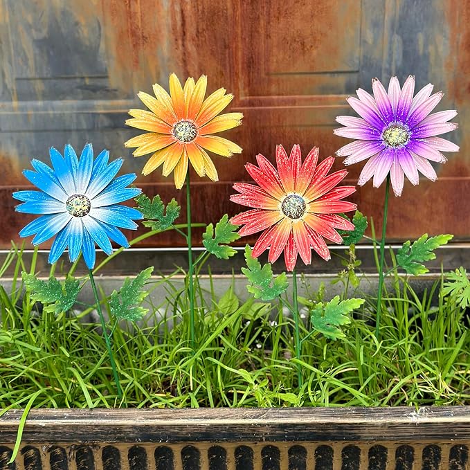 Metal Flowers for Outside, 4 Pack Decorative Garden Stakes with Spring Design, 16.5 Inch Handmade Iron Outdoor Metal Garden Decor, Flickering Daisy Yard Art for Patio Lawn