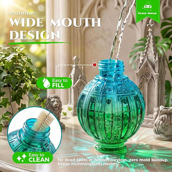 2 Pack Glass Hummingbird Feeder for Outdoors Hanging, Bird Nectar Feeder with Perch & 5 Flower Feeding Ports, 26 Oz Leak Proof for Outside Garden Decor Backyard, Gifts for Women Mom, Red + Green Blue