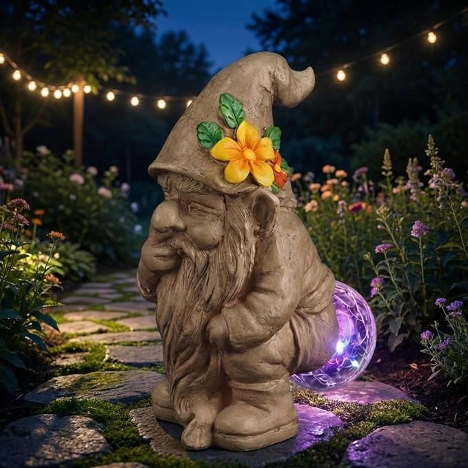 Funny Garden Gnomes Outdoor, Quirky Gnome Statue with Solar Powered for Yard Patio Lawn, Unique Gnomes Gift for Friends Garden Lovers