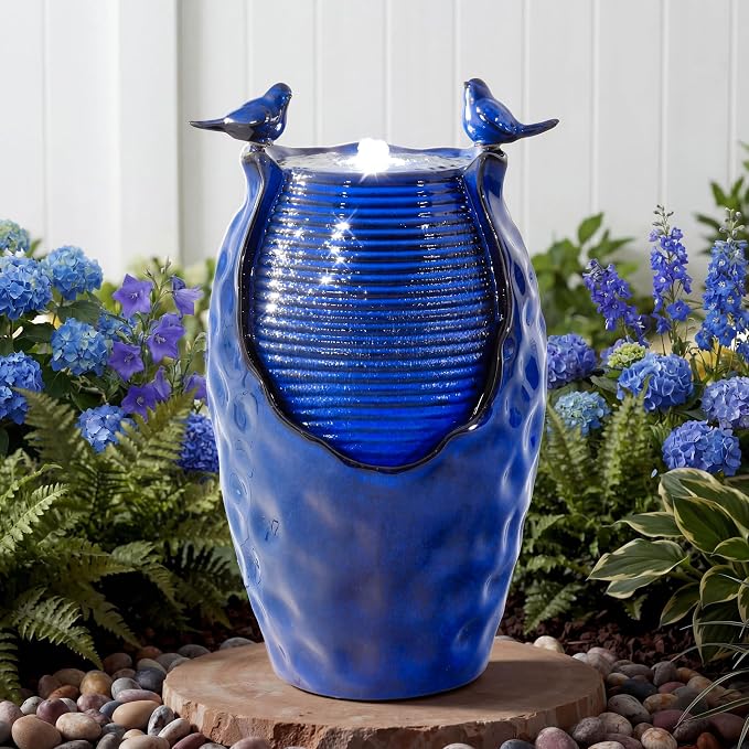 23.5" H Ceramic Jar Outdoor Fountain, Honeycomb Pot Water Feature with LED Lights, Soothing Trickling Waterfall for Garden, Patio, Yard, Balcony or Porch Oasis, Cobalt Blue Glaze, KD Vivid Birds