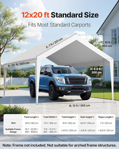 VEVOR Carport Replacement Canopy Cover, 12 x 20 ft Potable Garage Tent Top Tarp, UV-Resistant & Waterproof Car Shelter Tarp, Heavy Duty Car Port Cover with Ball Buggees, White, Frame Not Included