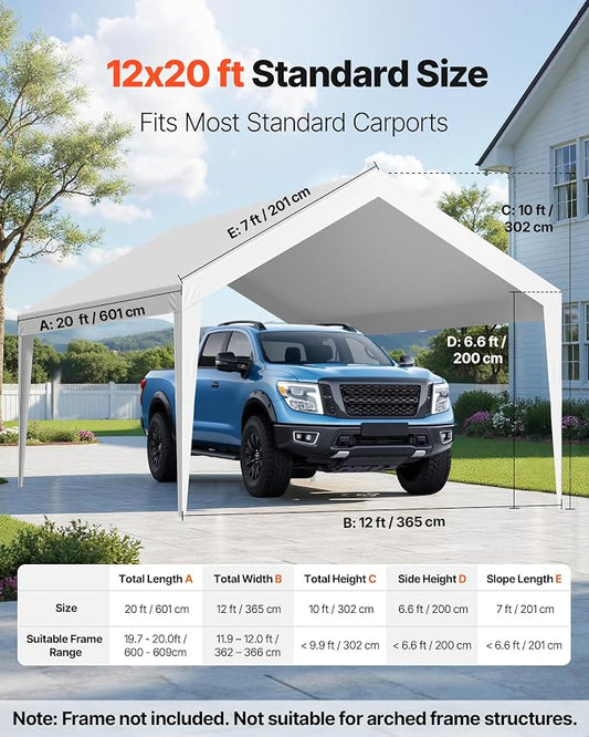 VEVOR Carport Replacement Canopy Cover, 12 x 20 ft Potable Garage Tent Top Tarp, UV-Resistant & Waterproof Car Shelter Tarp, Heavy Duty Car Port Cover with Ball Buggees, White, Frame Not Included