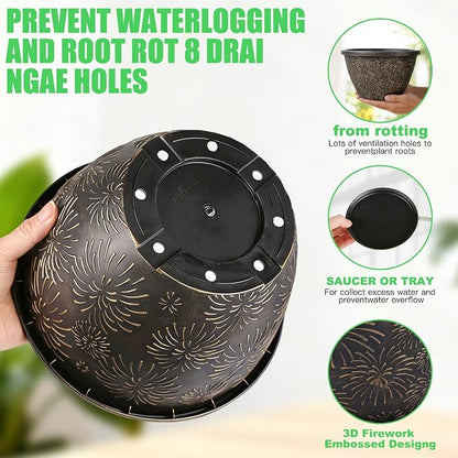 Nooulap 6 Pack 8 Inch Plant Pot, Flower Pots for Indoor Outdoor, Durable Decorative Planters for House Garden Plants Herbs Flowers Succulents, Antique Gold Firework Embossed Design