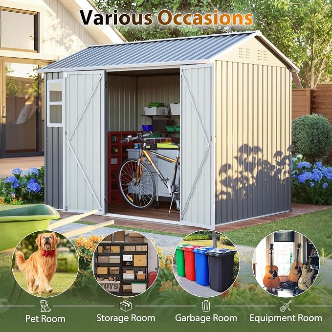 YOPTO 8X6 FT Metal Outdoor Storage Shed W/Window,Dark Gray | Heavy Duty Outdoor Shed W/ Lockable Doors & Sloped Roof,All Weather Waterproof for Garden,Patio,Backyard,Lawn