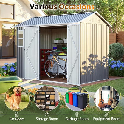 PVWIIK 8x6 FT Outdoor Storage Shed Metal, Heavy Duty Waterproof Steel Garden Tool Shed with Lockable Doors, Utility Storage Building for Backyard Patio Lawn Garden, Grey