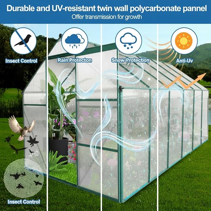 6x12 FT Greenhouse, Walk-in Polycarbonate Greenhouses with Sliding Doors, Aluminum Frame, Adjustable Roof Vent, Raised Base & Anchor, Outdoor Backyard Greenhouse for All Seasons, Green