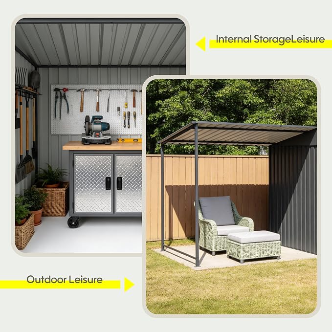 KEIKI 12x4 FT Metal Garden Shed with Pergola, 6x4 FT Outdoor Storage Shed & Backyard Gazebo Combo, 2-in-1 Patio Tool Shed with Open Side, Heavy-Duty Steel Frame, All-Weather, Easy Assembly, Gray