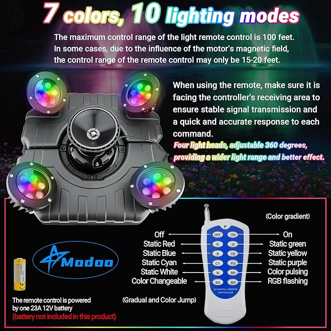 Pond Fountain Aerator with Lights, Large Fountain for Pond Lake Fish Farm | 750W 15000GPH 1HP 110V Fountain, Dynamic 4 RGB Lights, 10 Light Modes, Fully Automatic Stainless Steel Fountain, 100Ft Cord