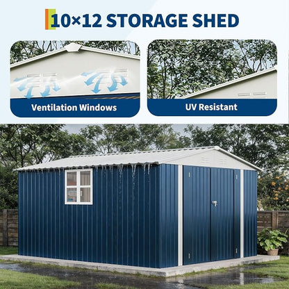 Garvee 10x12 FT Metal Storage Shed – Lockable Doors, Floor Frame, Blue | Spacious 10x12 interior – stores bikes, tools, and more.