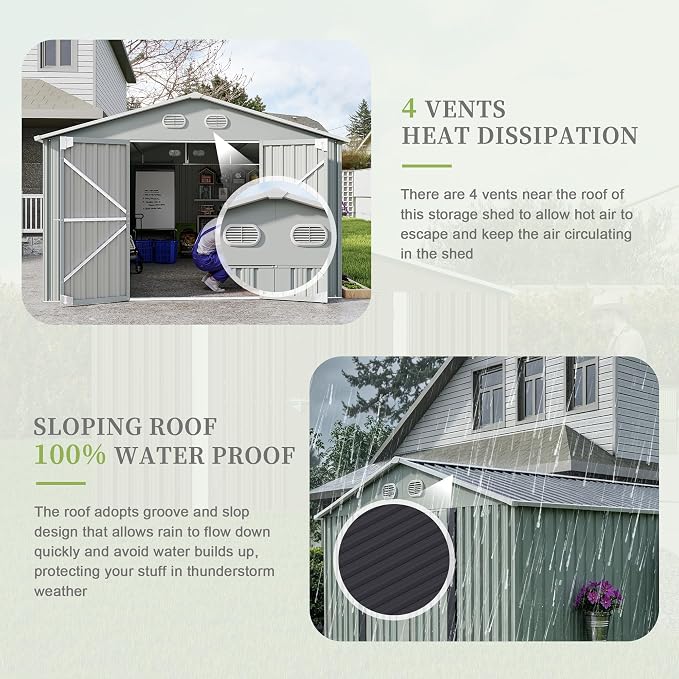 YOPTO 12X10 FT Metal Outdoor Storage Shed W/Flower Pot Stand,White | 3 Lockable Doors,Air Vent,Sloped Roof,Reinforced Structure,Waterproof Outdoor Shed for Garden,Patio,Backyard,Lawn