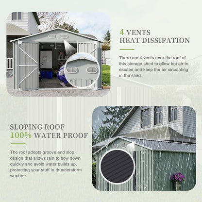 YOPTO 12X10 FT Metal Outdoor Storage Shed W/Flower Pot Stand,White | 3 Lockable Doors,Air Vent,Sloped Roof,Reinforced Structure,Waterproof Outdoor Shed for Garden,Patio,Backyard,Lawn