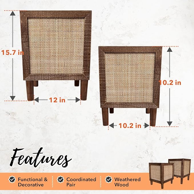 Autumn Alley Rustic Boho Large Indoor Planter - Rattan Planter Boxes Outdoor Set of 2 – Wooden Indoor or Outdoor Plant Box Stands – Decorative Square Woven Rattan Flower Pots for Home & Office