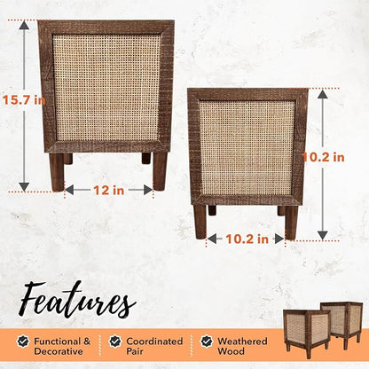 Autumn Alley Rustic Boho Large Indoor Planter - Rattan Planter Boxes Outdoor Set of 2 – Wooden Indoor or Outdoor Plant Box Stands – Decorative Square Woven Rattan Flower Pots for Home & Office