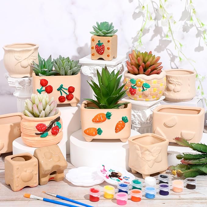 Hushee 12 Sets Ceramic Succulent Planters Paintable Succulent Plant Pots Small DIY Figurines Unpainted Pots with Drainage Hole Color Paints Paintbrushes Palettes