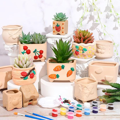 Hushee 12 Sets Ceramic Succulent Planters Paintable Succulent Plant Pots Small DIY Figurines Unpainted Pots with Drainage Hole Color Paints Paintbrushes Palettes