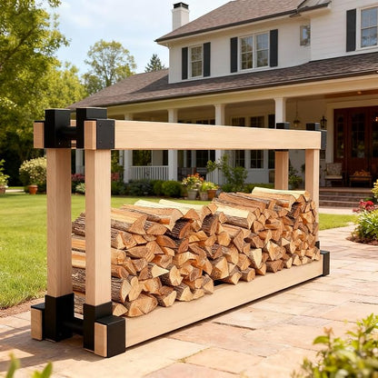 Amagabeli Set of 4 Pack Outdoor Firewood Log Storage Rack Bracket Kit Fireplace Wood Storage Holder Adjustable Length Log Stacking Stand Holder for Wood Burning Fire Pits Black