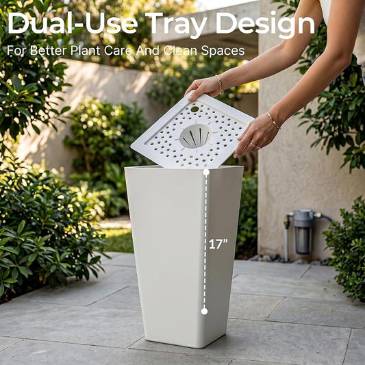 KOL Planters for Outdoor Plants, 20 Inch Tall White Flower Pots 2 Pack, Large Plastic Plant Pots with Drainage Hole and Dual-Purpose Tray, Decorative Indoor Planter for Front Porch Patio Garden
