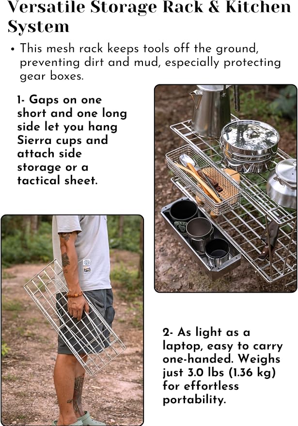 CAMPINGMOON Foldable Mesh Camping Rack Stackable Camp Storage Shelf Fire Pit Side Table Portable Outdoor Organizer Stainless Steel T-225A