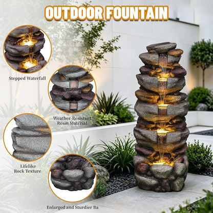 38.9" H Large Outdoor Fountain, 5-Tier Cascading Rock Waterfall Fountain with LED Lights, Freestanding Water Feature for Garden Patio Backyard Porch Decor