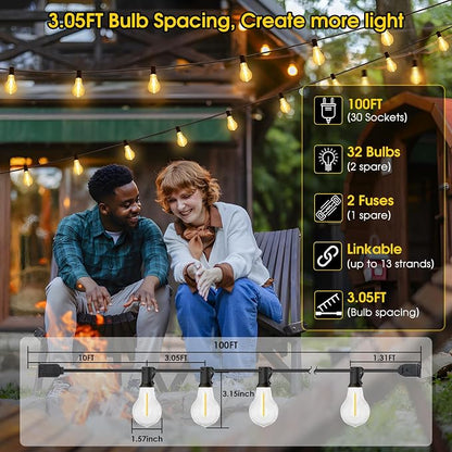 Larkvue 100FT LED Outdoor String Lights, Waterproof Patio Lights with 32 Shatterproof Dimmable 2700K A39 Bulbs Hanging Lighting for Outside Backyard