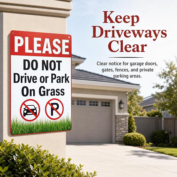 Do Not Park on Grass Tin Sign, 12 x 8 Inch Lawn Notice Aluminum Metal Wall Decor, No Driving Parking Sign for Yard, Driveway, Gate, Fence