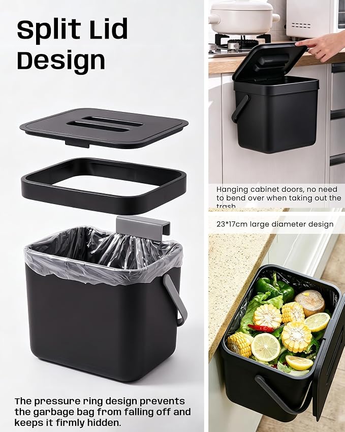 Countertop Compost Bin Kitchen, 1.8 Gallons Hanging Trash Can with Lid for Kitchen Cabinet Door, Under Sink, Wall Mounted Waste Bin for Bathroom, 7L(Black)