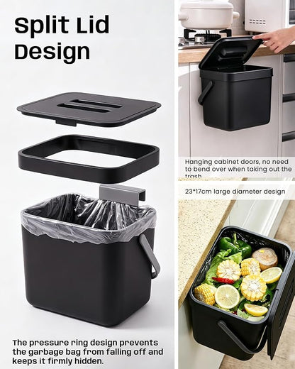 Countertop Compost Bin Kitchen, 1.8 Gallons Hanging Trash Can with Lid for Kitchen Cabinet Door, Under Sink, Wall Mounted Waste Bin for Bathroom, 7L(Black)