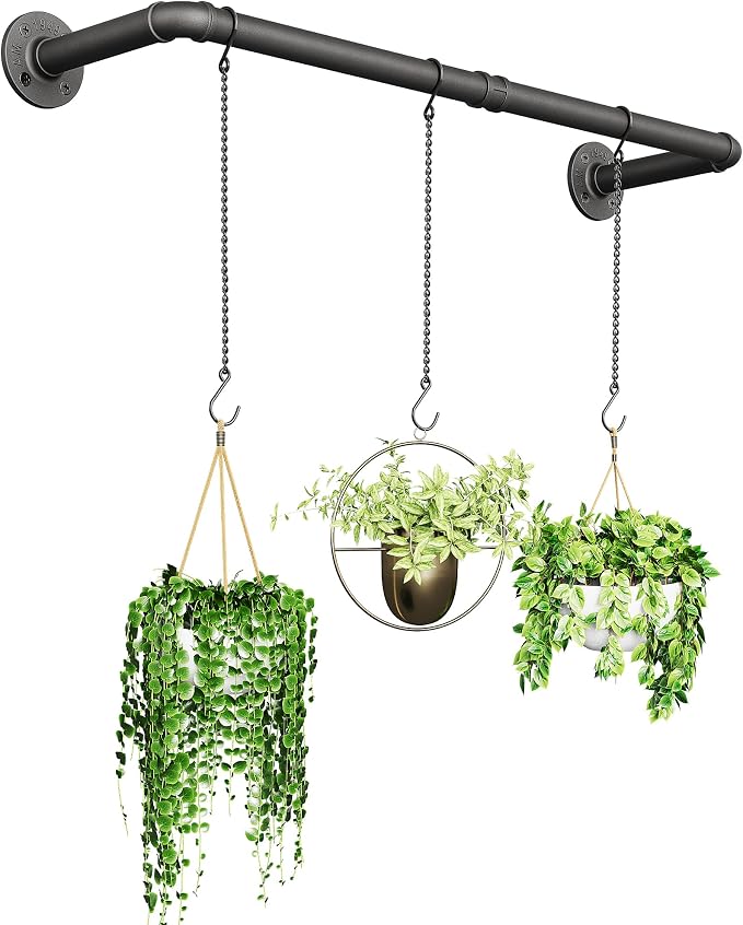 SOFITORG 38.2" Metal Plant Hanging Rod with 3 Chains, Pots Not Included | Wall Plant Hanging Bar, Durable Hanging planter holder for Window Ceiling, Easy Assembly, All Hardware Included, Black