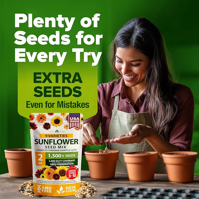 HOME GROWN Sunflower Seeds Mix Pack 1,500+ 9 Colorful Varieties of Sun Flower Seeds to Plant - 2-10ft Tall Plants, Pollinator Friendly, Easy to Grow, High Germination