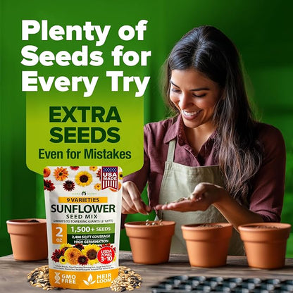 HOME GROWN Sunflower Seeds Mix Pack 1,500+ 9 Colorful Varieties of Sun Flower Seeds to Plant - 2-10ft Tall Plants, Pollinator Friendly, Easy to Grow, High Germination